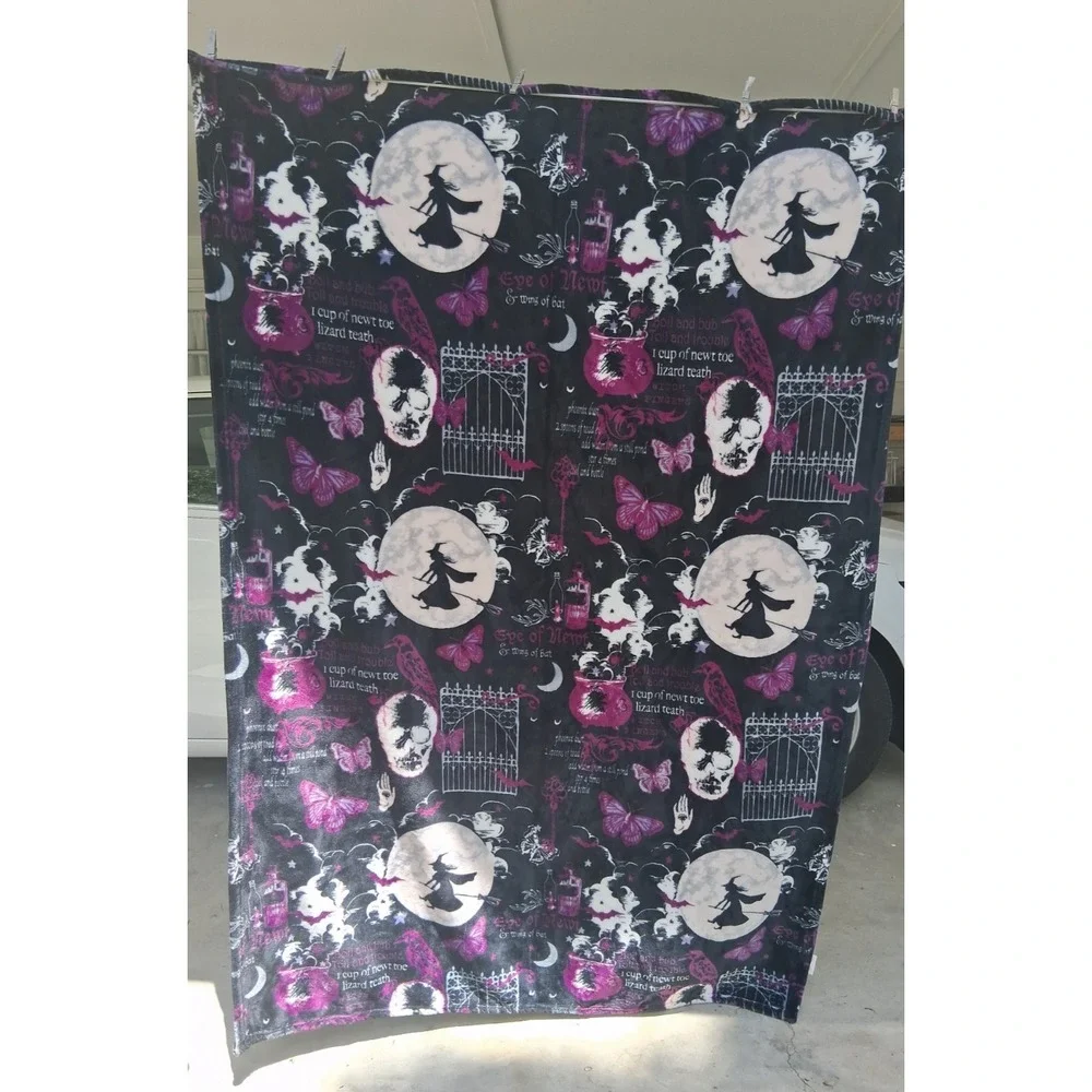 Witch Spells Halloween Throw Blanket Fleece Spooky Moon Purple Black 48